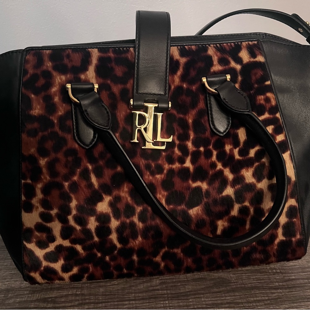 Ralph Lauren Carrington Bethany Medium Leopard Leather Satchel Purse